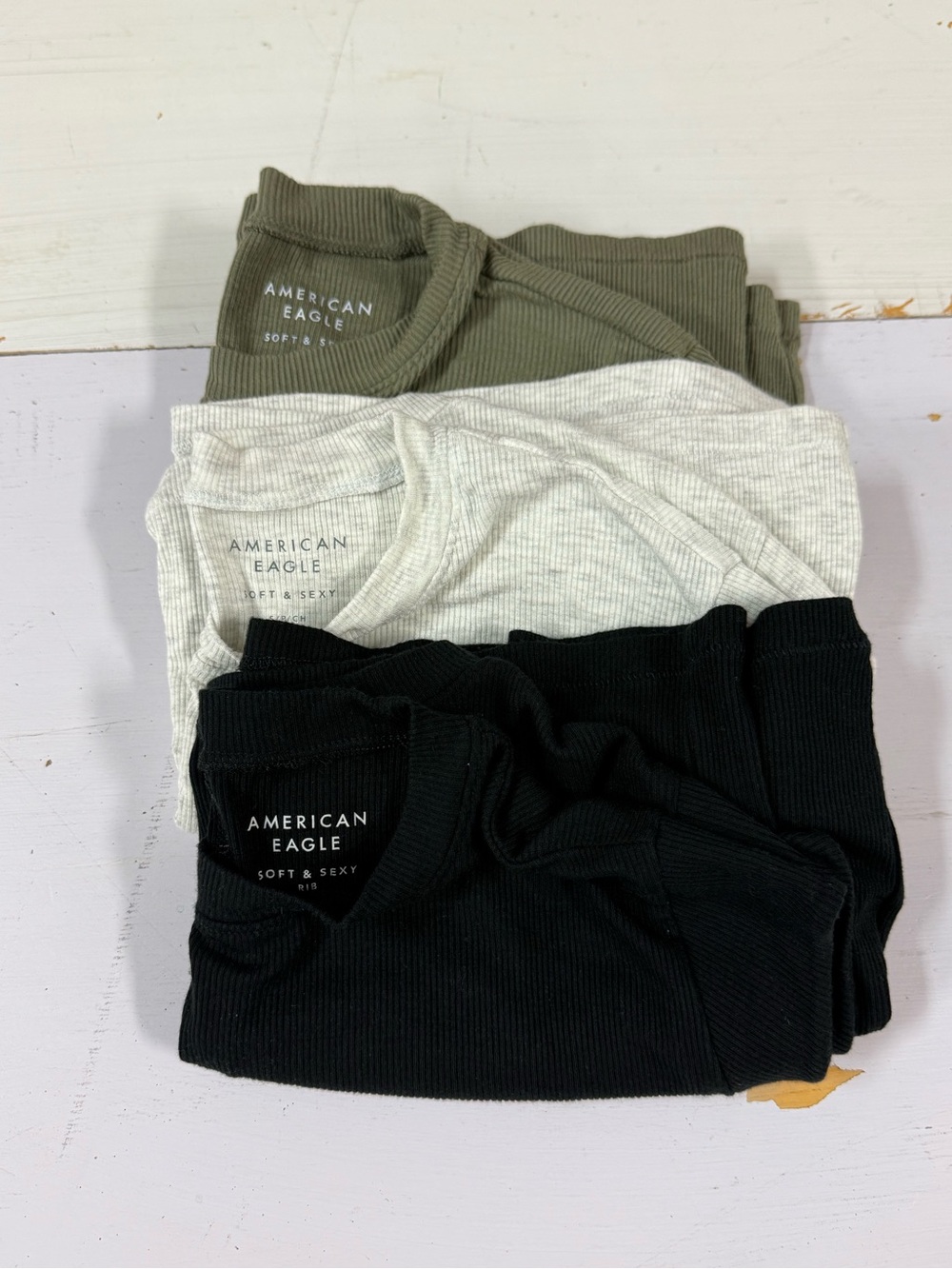 American Eagle Outfitters Short Sleeve Ribbed Tees - Black, Light Gray, Olive